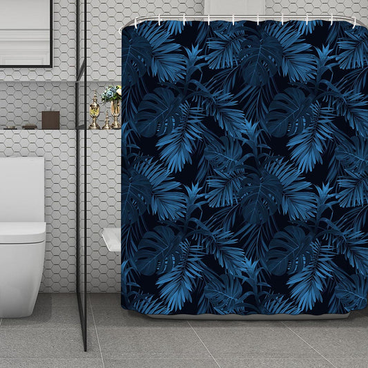 Dark Blue Tropical Leaf Pattern Print Polyester Shower Curtain