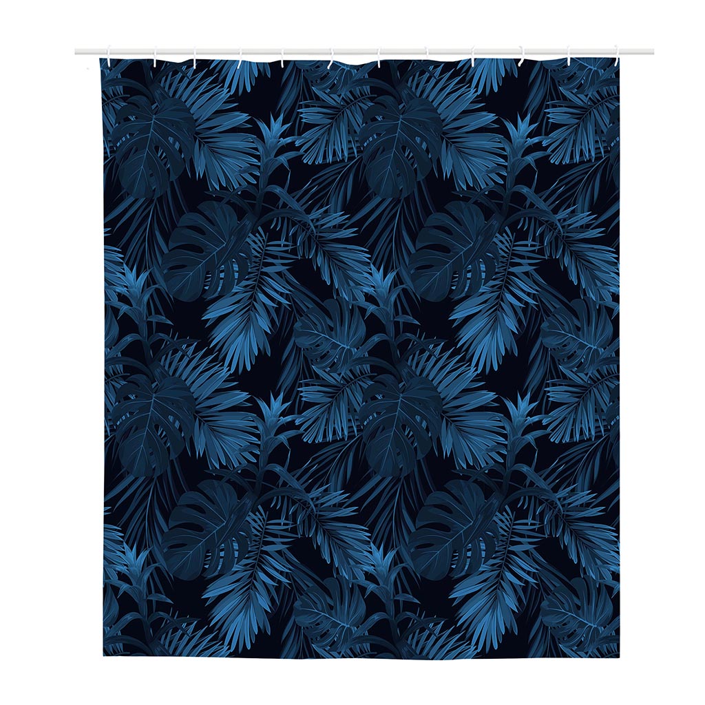 Dark Blue Tropical Leaf Pattern Print Polyester Shower Curtain