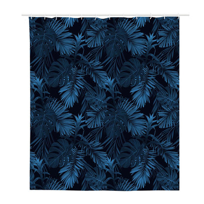 Dark Blue Tropical Leaf Pattern Print Polyester Shower Curtain