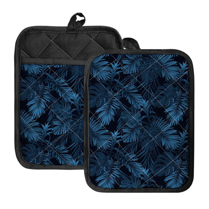 Dark Blue Tropical Leaf Pattern Print Pot Holders With Pocket
