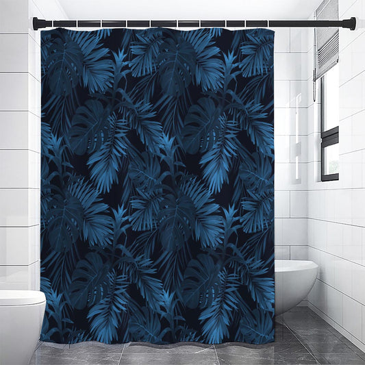 Dark Blue Tropical Leaf Pattern Print Premium Shower Curtain