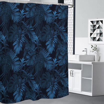 Dark Blue Tropical Leaf Pattern Print Premium Shower Curtain