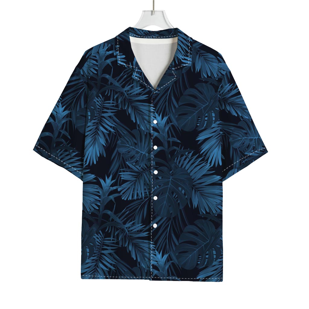 Dark Blue Tropical Leaf Pattern Print Rayon Hawaiian Shirt