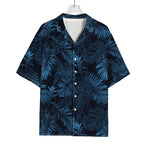 Dark Blue Tropical Leaf Pattern Print Rayon Hawaiian Shirt