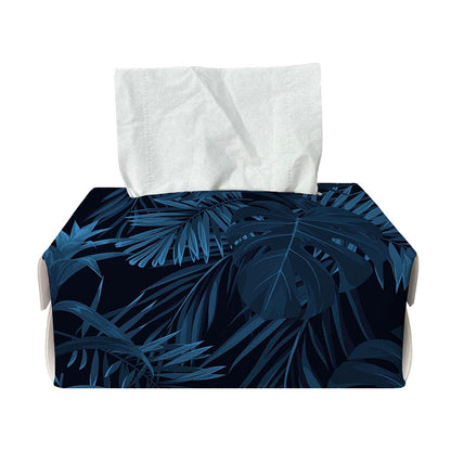 Dark Blue Tropical Leaf Pattern Print Rectangle Tissue Box Cover