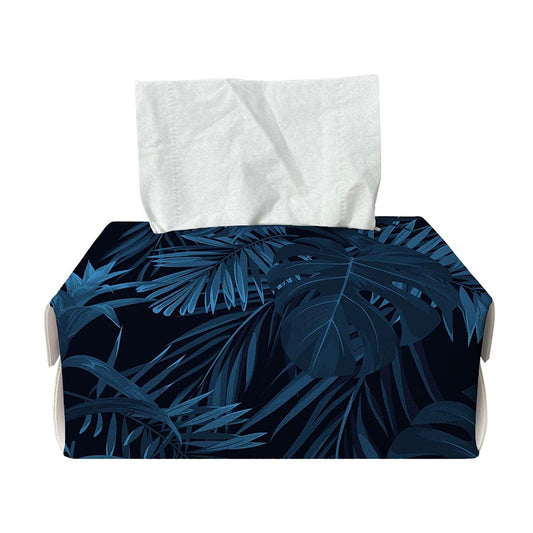 Dark Blue Tropical Leaf Pattern Print Rectangle Tissue Box Cover