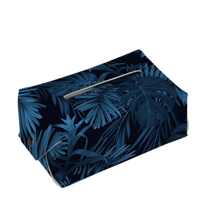 Dark Blue Tropical Leaf Pattern Print Rectangle Tissue Box Cover