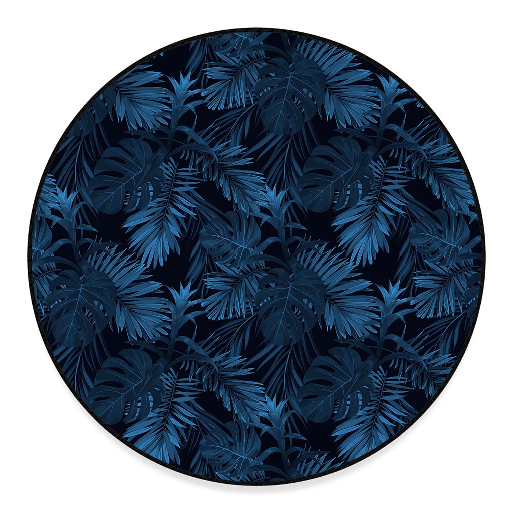 Dark Blue Tropical Leaf Pattern Print Round Floor Mat