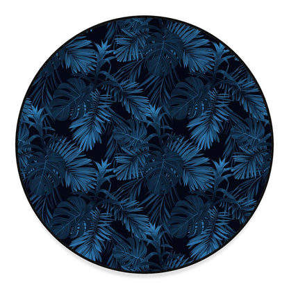 Dark Blue Tropical Leaf Pattern Print Round Floor Mat