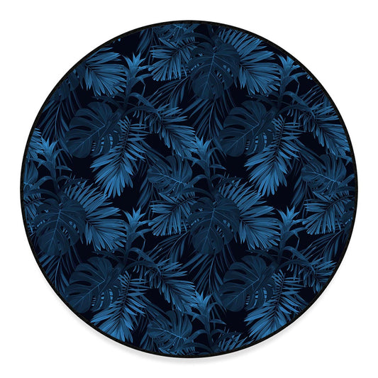 Dark Blue Tropical Leaf Pattern Print Round Floor Mat