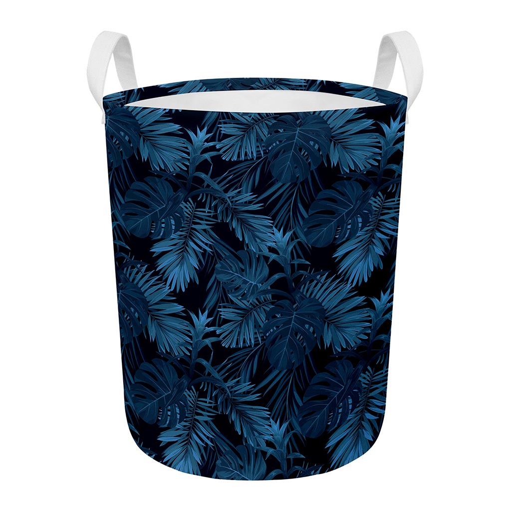 Dark Blue Tropical Leaf Pattern Print Round Laundry Basket