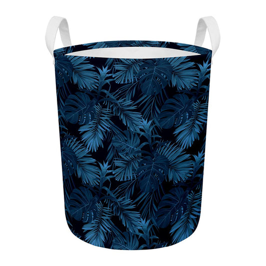 Dark Blue Tropical Leaf Pattern Print Round Laundry Basket