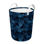 Dark Blue Tropical Leaf Pattern Print Round Laundry Basket