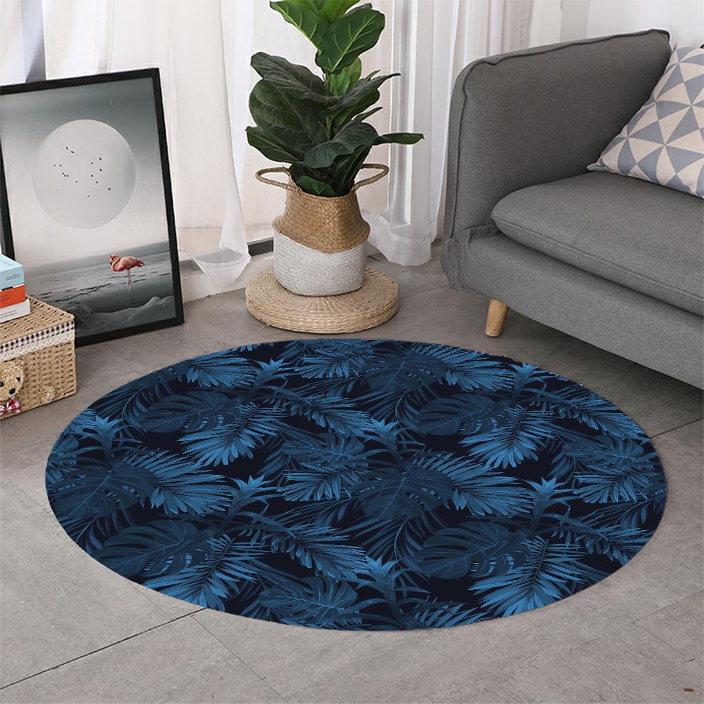 Dark Blue Tropical Leaf Pattern Print Round Rug