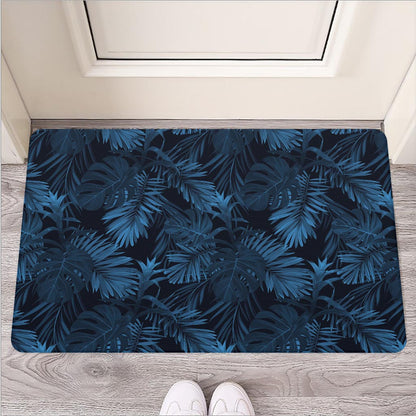 Dark Blue Tropical Leaf Pattern Print Rubber Doormat