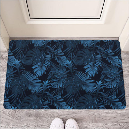 Dark Blue Tropical Leaf Pattern Print Rubber Doormat