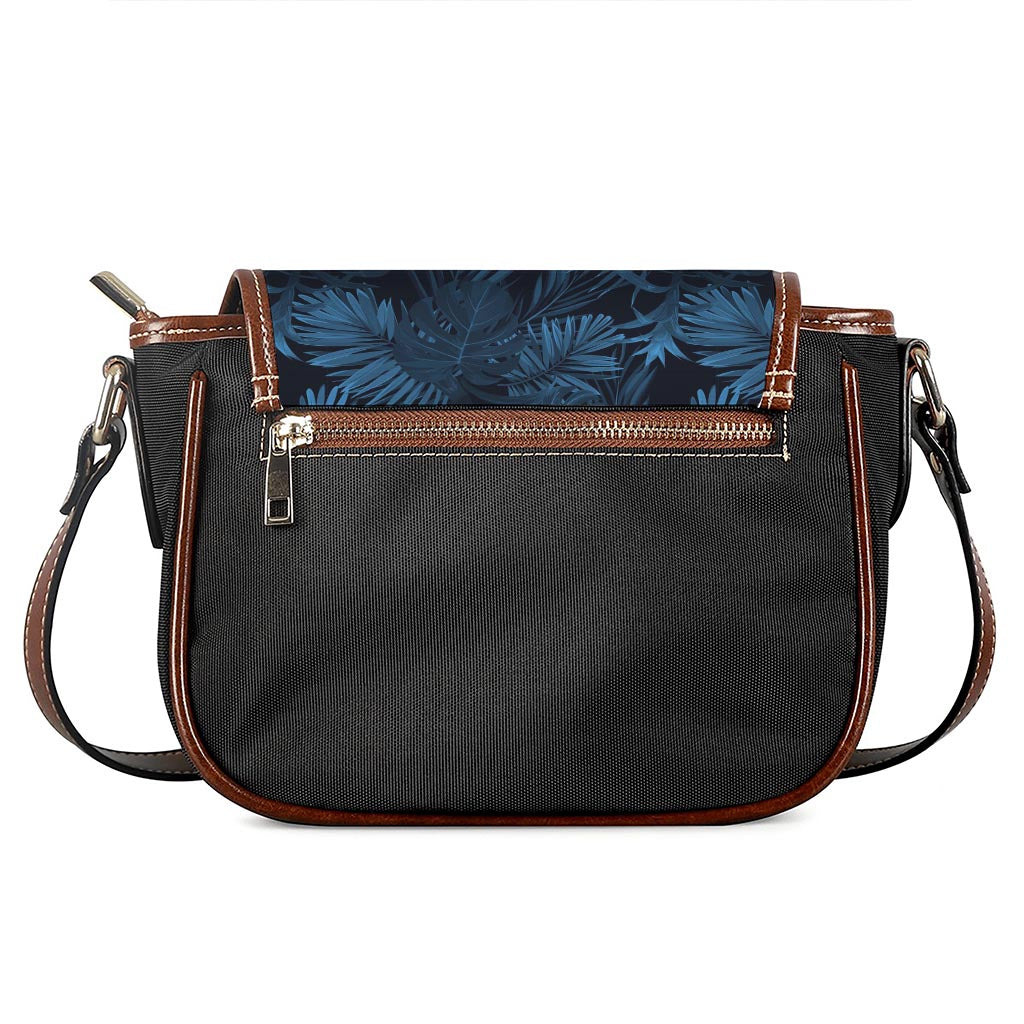 Dark Blue Tropical Leaf Pattern Print Saddle Bag
