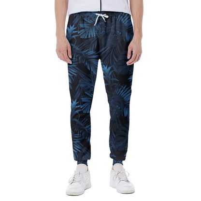 Dark Blue Tropical Leaf Pattern Print Scuba Joggers