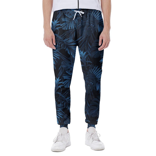 Dark Blue Tropical Leaf Pattern Print Scuba Joggers