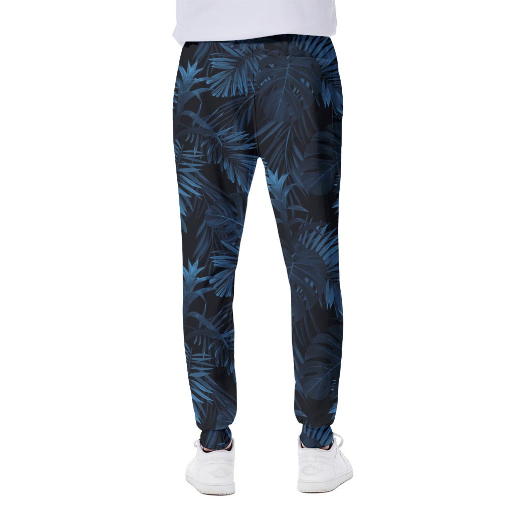Dark Blue Tropical Leaf Pattern Print Scuba Joggers