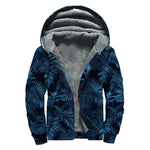 Dark Blue Tropical Leaf Pattern Print Sherpa Lined Zip Up Hoodie