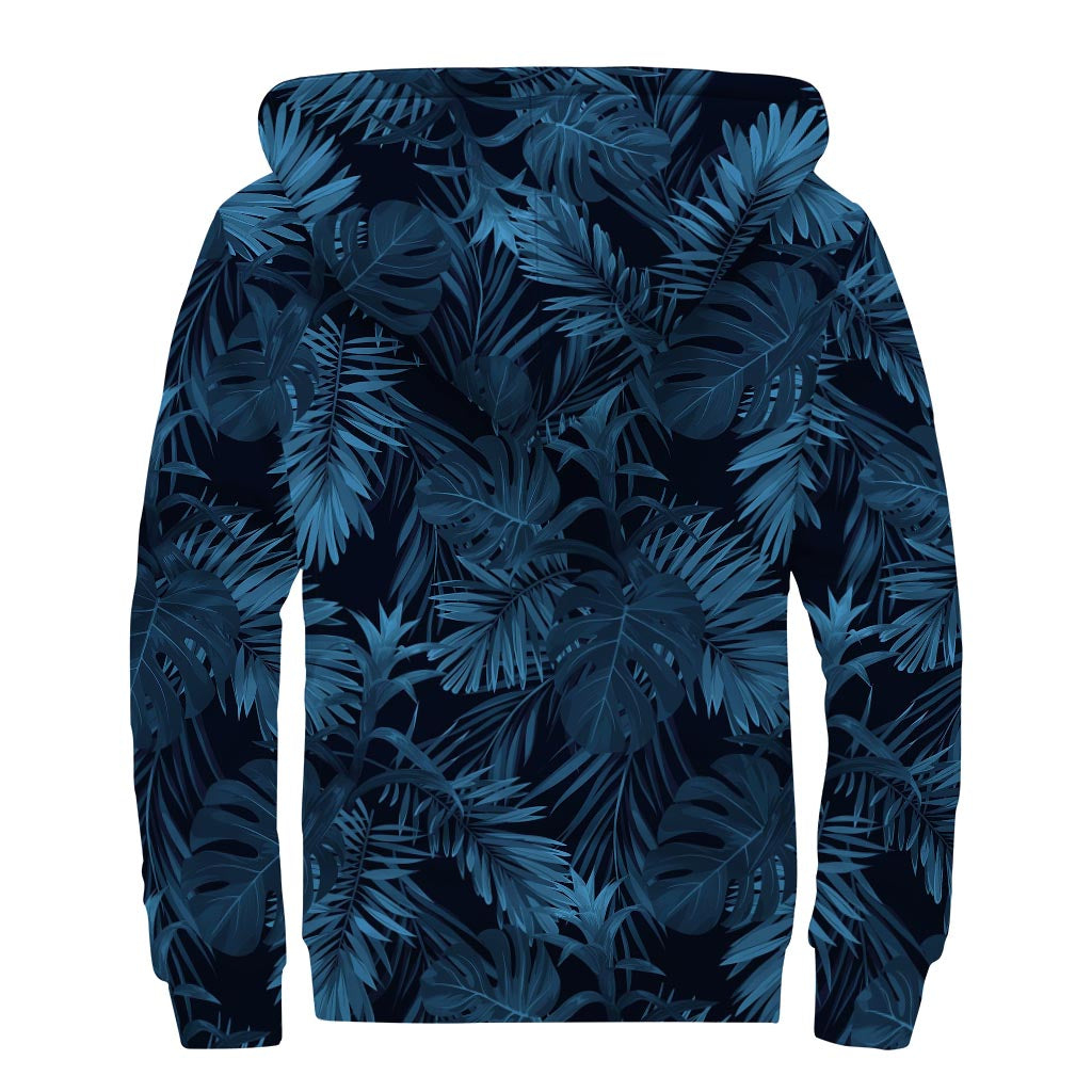 Dark Blue Tropical Leaf Pattern Print Sherpa Lined Zip Up Hoodie