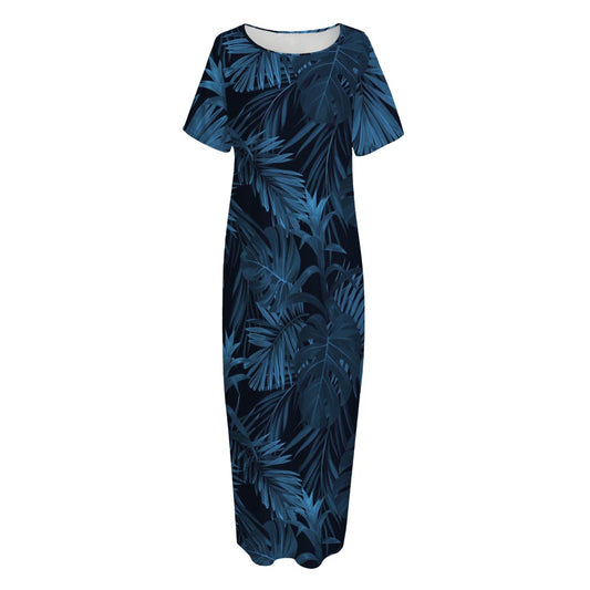 Dark Blue Tropical Leaf Pattern Print Short Sleeve Long Nightdress