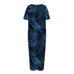 Dark Blue Tropical Leaf Pattern Print Short Sleeve Long Nightdress