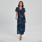 Dark Blue Tropical Leaf Pattern Print Short Sleeve Maxi Dress
