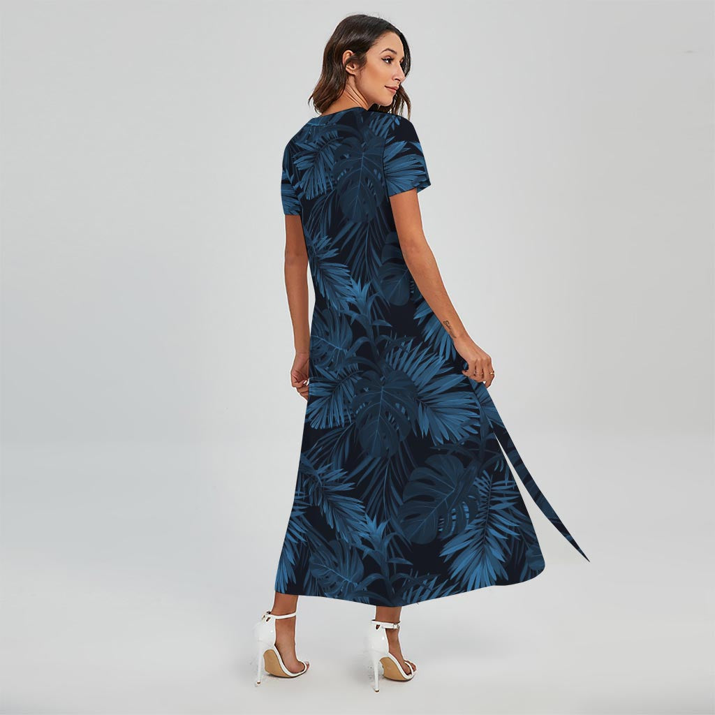 Dark Blue Tropical Leaf Pattern Print Short Sleeve Maxi Dress