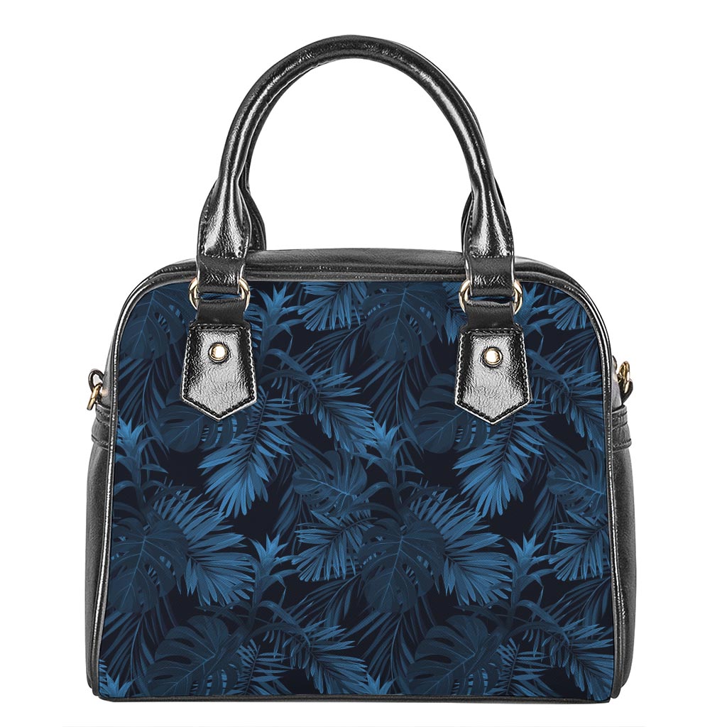 Dark Blue Tropical Leaf Pattern Print Shoulder Handbag