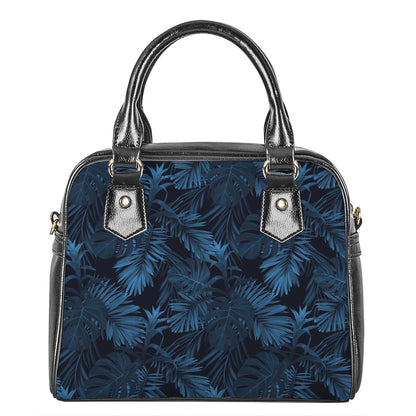 Dark Blue Tropical Leaf Pattern Print Shoulder Handbag