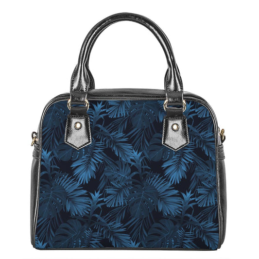 Dark Blue Tropical Leaf Pattern Print Shoulder Handbag