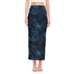 Dark Blue Tropical Leaf Pattern Print Side Slit Maxi Skirt