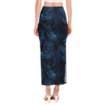 Dark Blue Tropical Leaf Pattern Print Side Slit Maxi Skirt