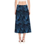 Dark Blue Tropical Leaf Pattern Print Side Slit Midi Skirt