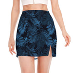 Dark Blue Tropical Leaf Pattern Print Side Slit Mini Skirt