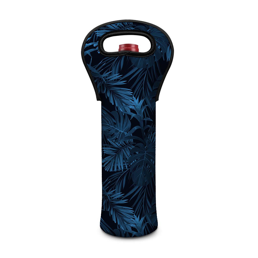 Dark Blue Tropical Leaf Pattern Print Single Neoprene Wine Tote