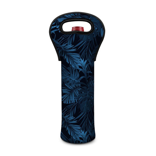 Dark Blue Tropical Leaf Pattern Print Single Neoprene Wine Tote