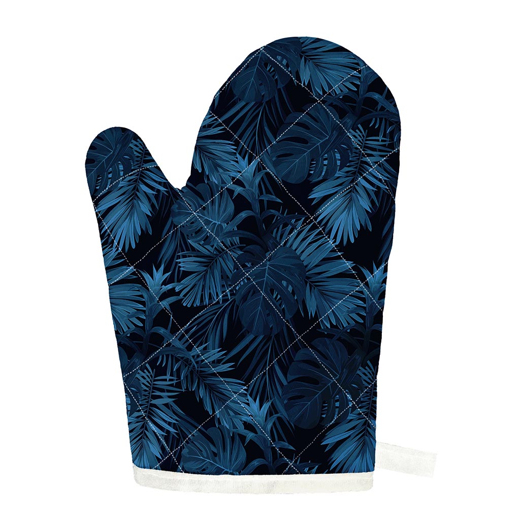 Dark Blue Tropical Leaf Pattern Print Single Oven Mitt
