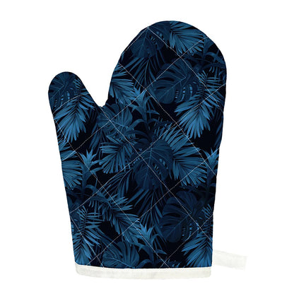 Dark Blue Tropical Leaf Pattern Print Single Oven Mitt