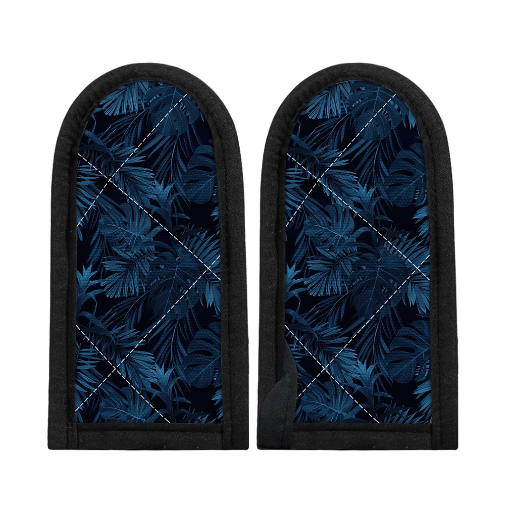 Dark Blue Tropical Leaf Pattern Print Skillet Handle Cover