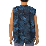 Dark Blue Tropical Leaf Pattern Print Sleeveless Baseball Jersey