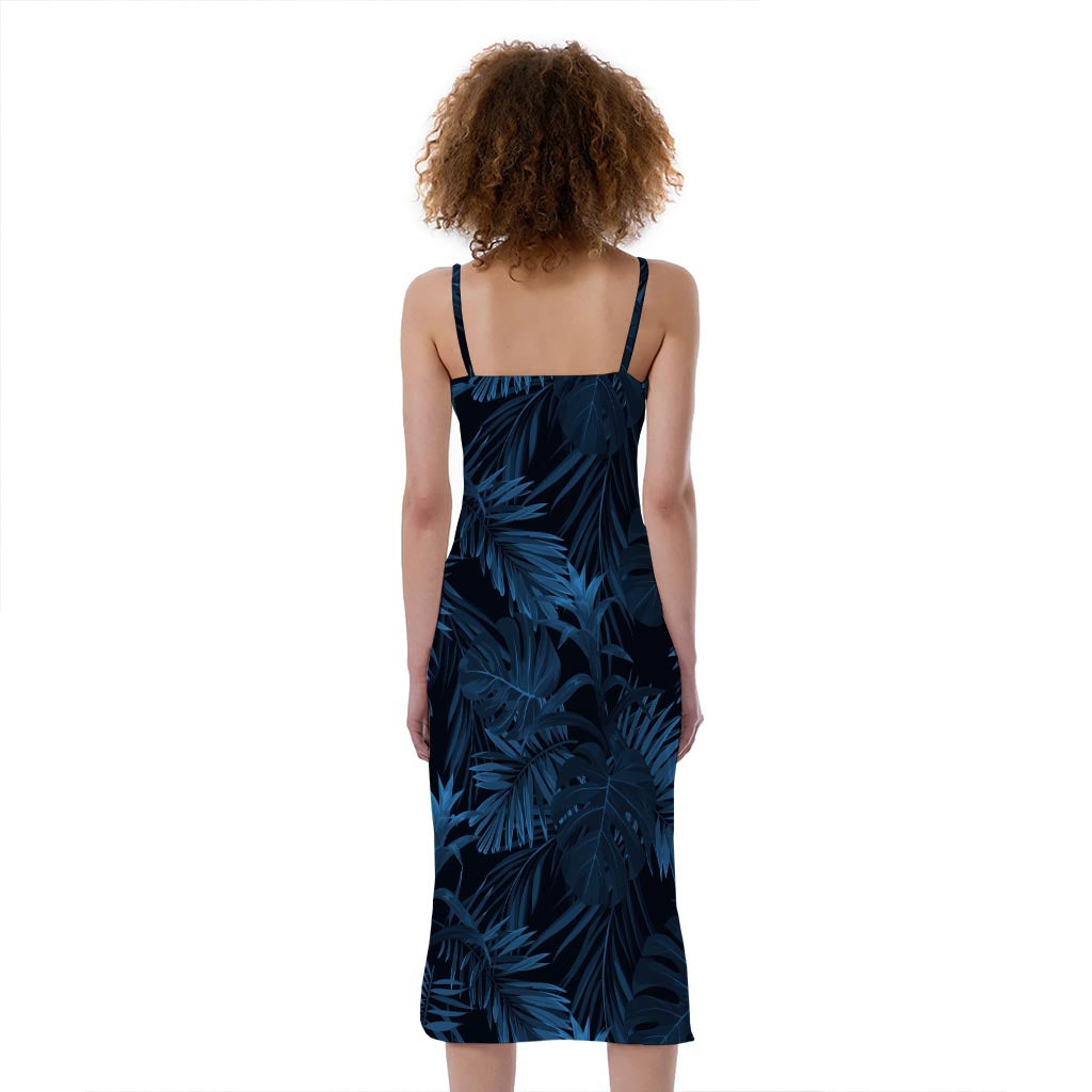 Dark Blue Tropical Leaf Pattern Print Slim Fit Midi Cami Dress