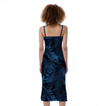 Dark Blue Tropical Leaf Pattern Print Slim Fit Midi Cami Dress