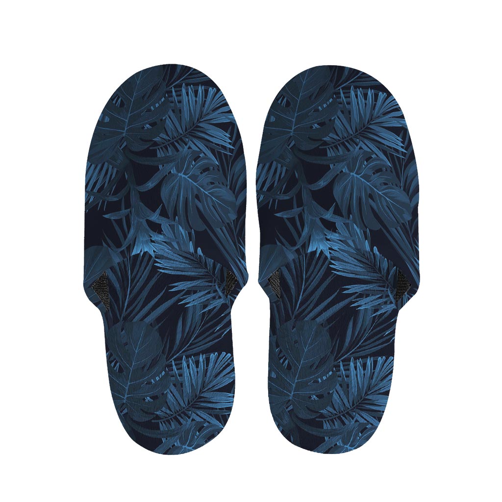 Dark Blue Tropical Leaf Pattern Print Slippers