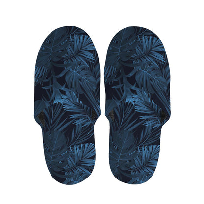 Dark Blue Tropical Leaf Pattern Print Slippers