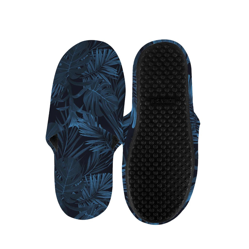 Dark Blue Tropical Leaf Pattern Print Slippers