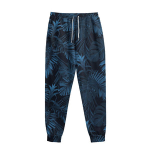 Dark Blue Tropical Leaf Pattern Print Sweatpants