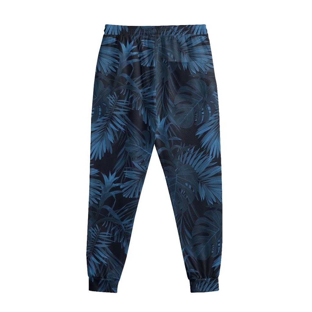 Dark Blue Tropical Leaf Pattern Print Sweatpants